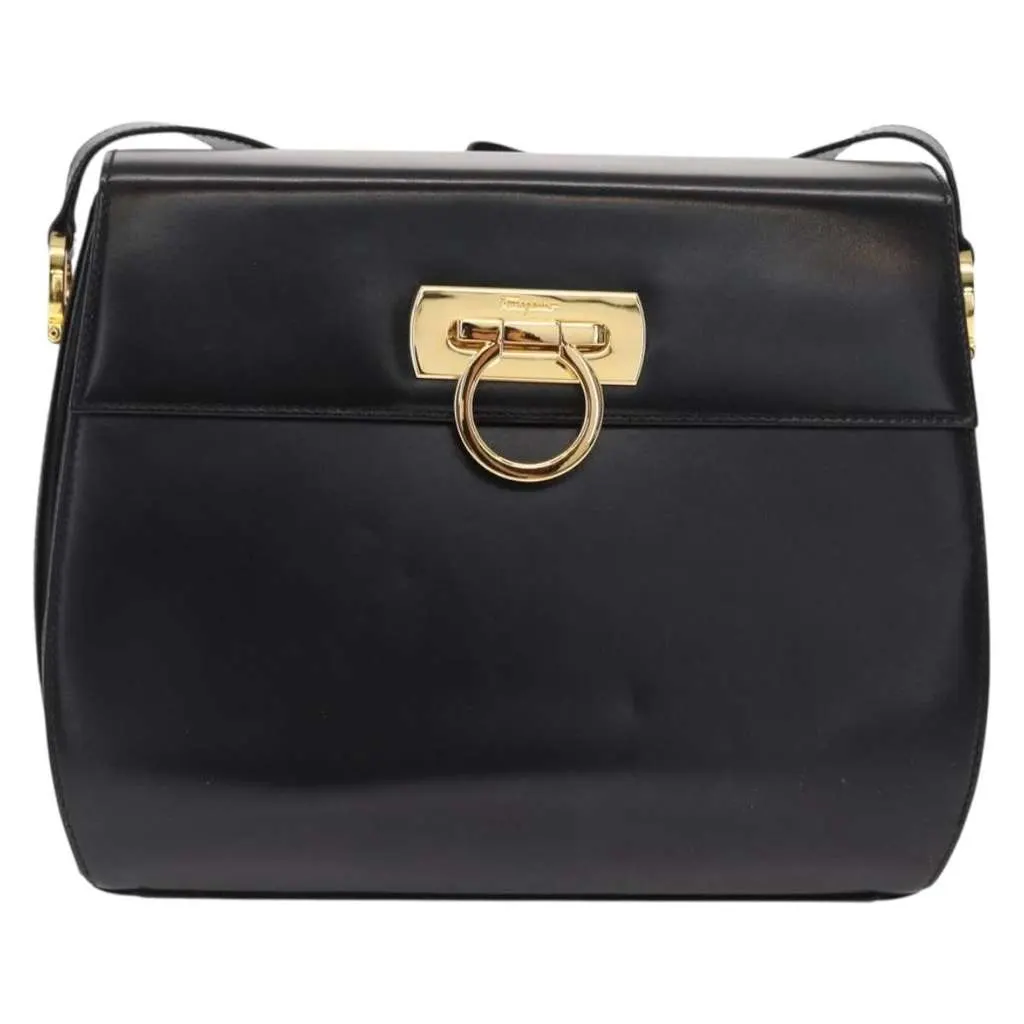 Salvatore Ferragamo Gancini Shoulder Bag Black Leather Good - Front View