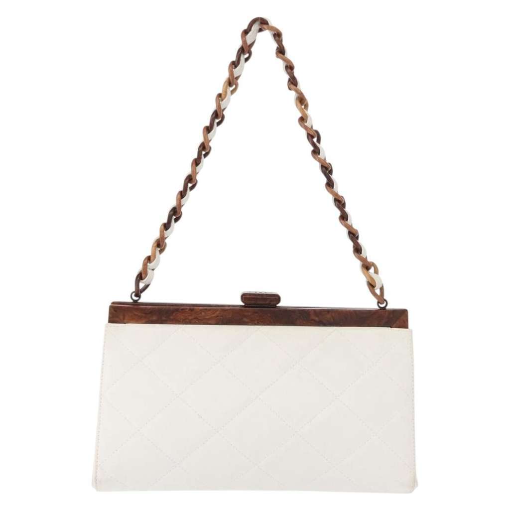 Chanel Wooden Frame Striped Shoulder Bag White Leather Good condition - Back View