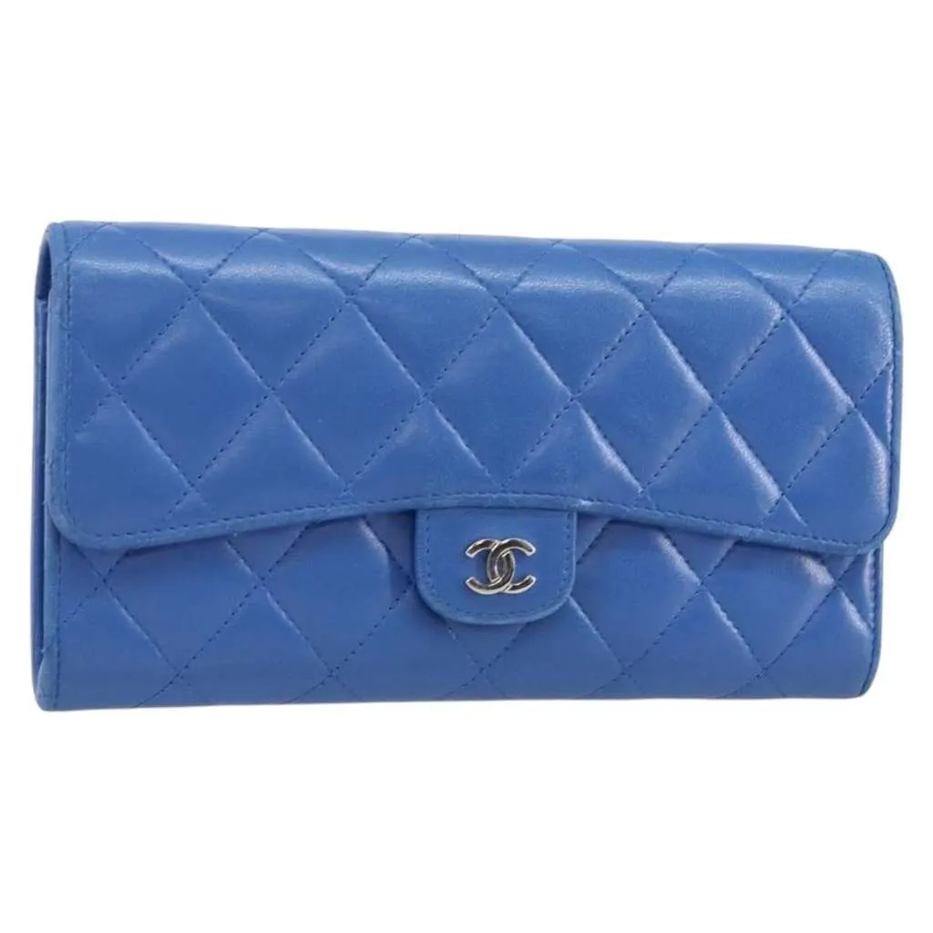 Chanel CC Gusset Classic Flap Wallet Blue Leather Good - Front View