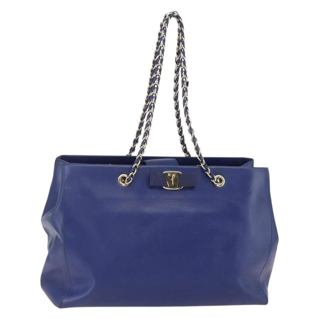 Salvatore Ferragamo Vara Bow Chain Tote Blue Leather Good - Front View