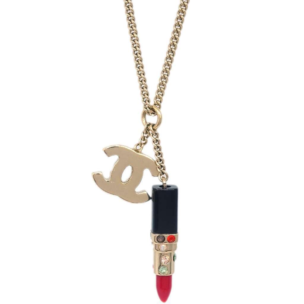 Chanel CC Lipstick Charm Pendant Necklace Gold Metal Good condition - Back View