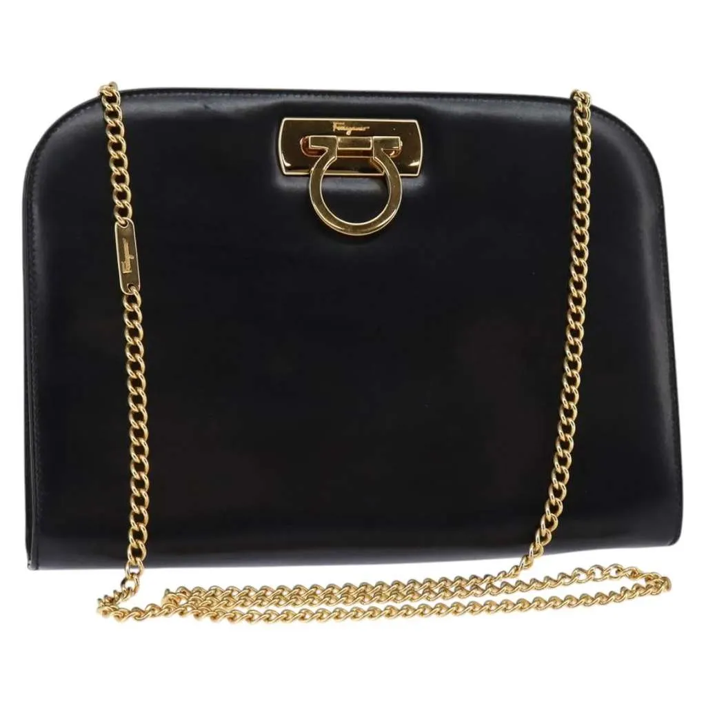 Salvatore Ferragamo Vintage Gancini Chain Shoulder Bag Black Leather Good - Front View