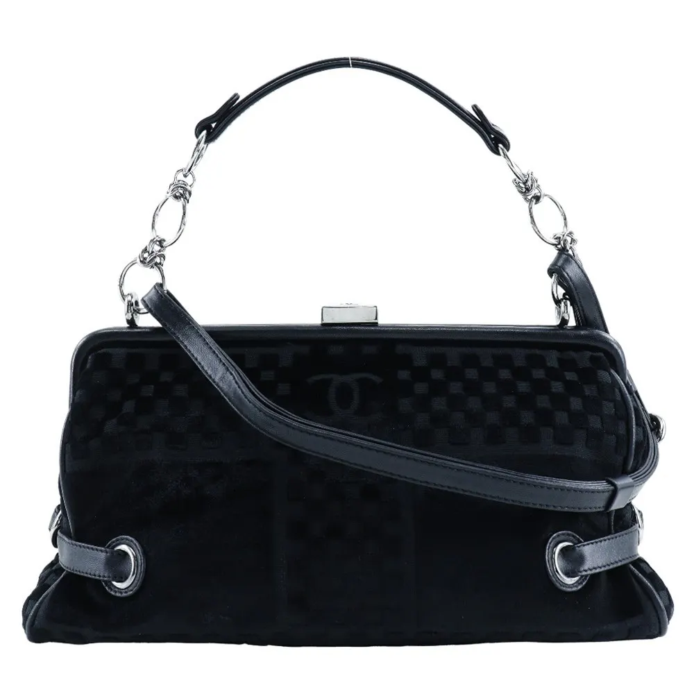 Chanel Vintage CC Side Belted Bowler Bag Black Velvet Good - Front View