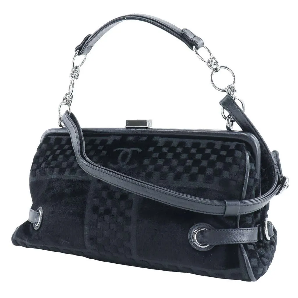 Chanel Vintage CC Side Belted Bowler Bag Black Velvet Good - Inside View