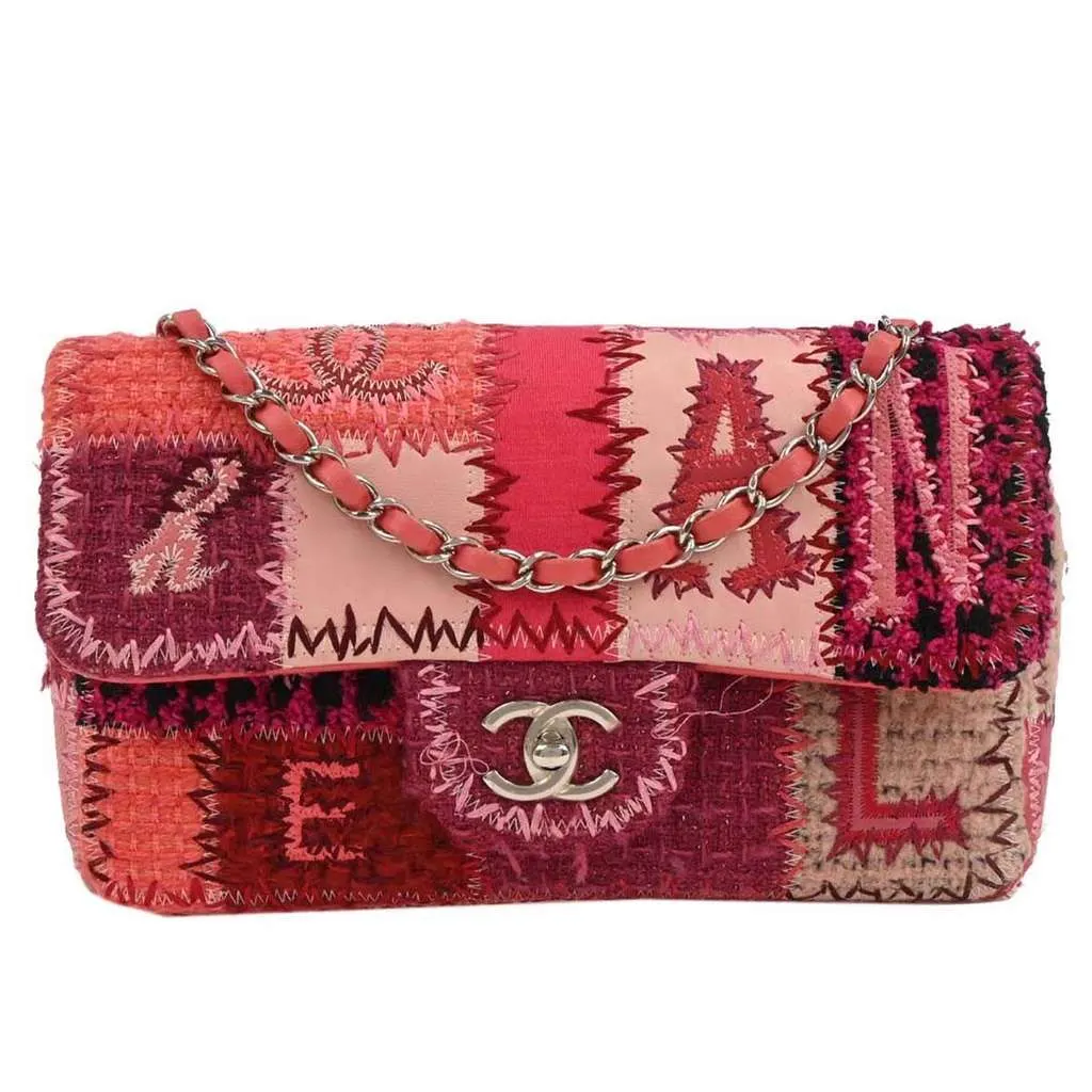 Chanel Flap Bag Multicolor Patchwork Burgundy Tweed Good - Front View