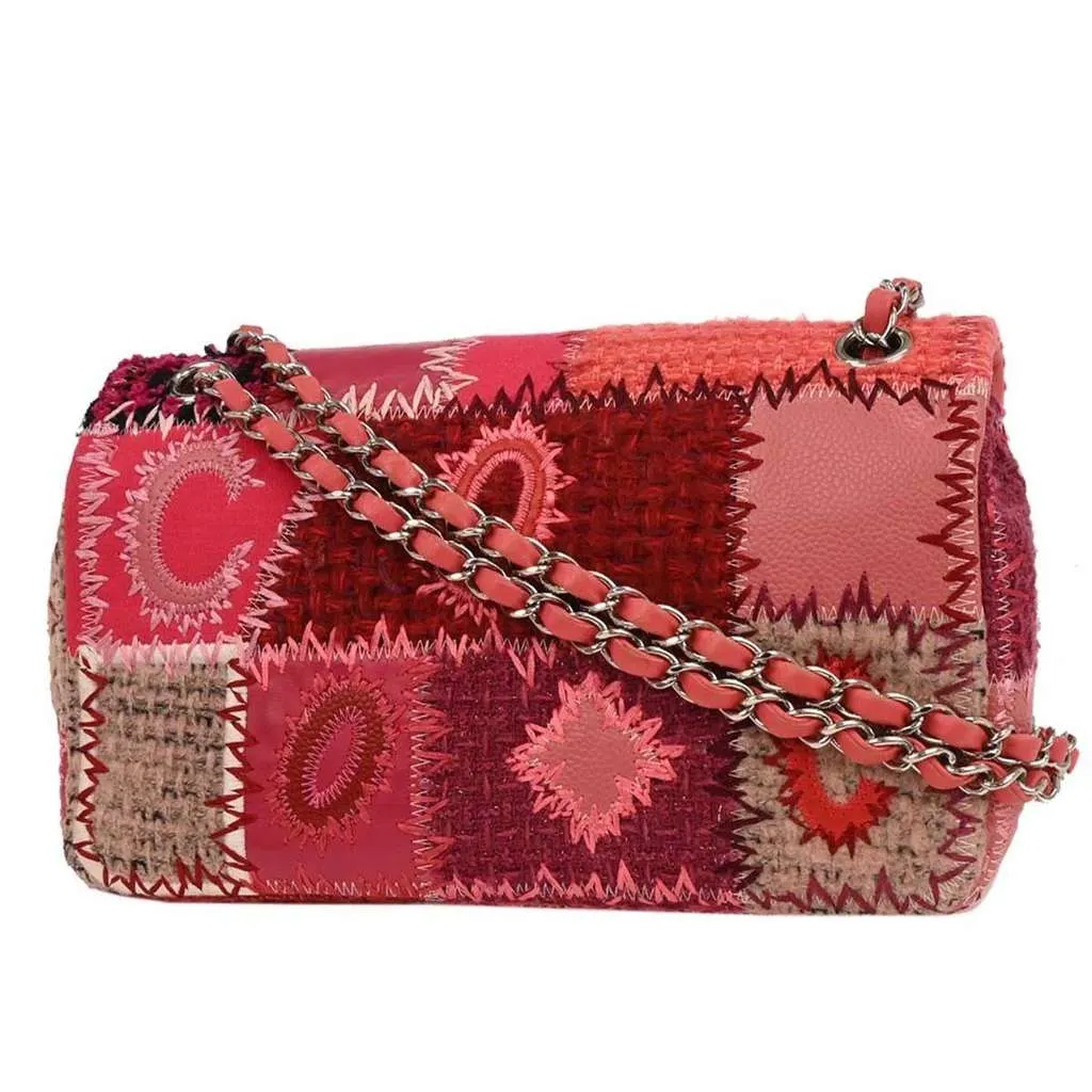 Chanel Flap Bag Multicolor Patchwork Burgundy Tweed Good - Back View