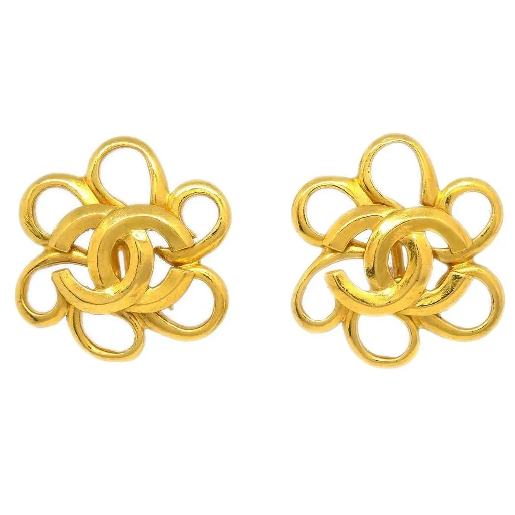 Chanel Vintage CC Flower Clip-On Earrings Gold Good - Front View