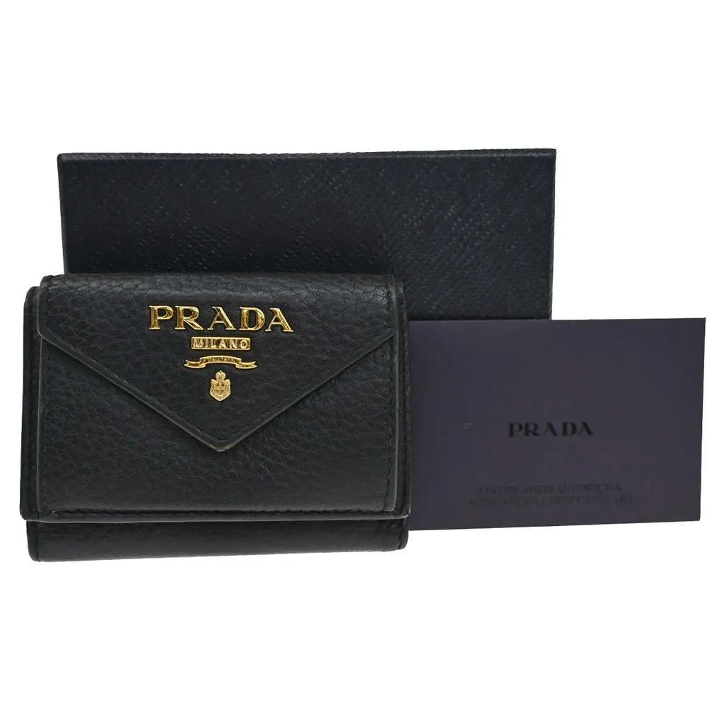 Prada Front Pocket Trifold Wallet Black Leather Good - Front View