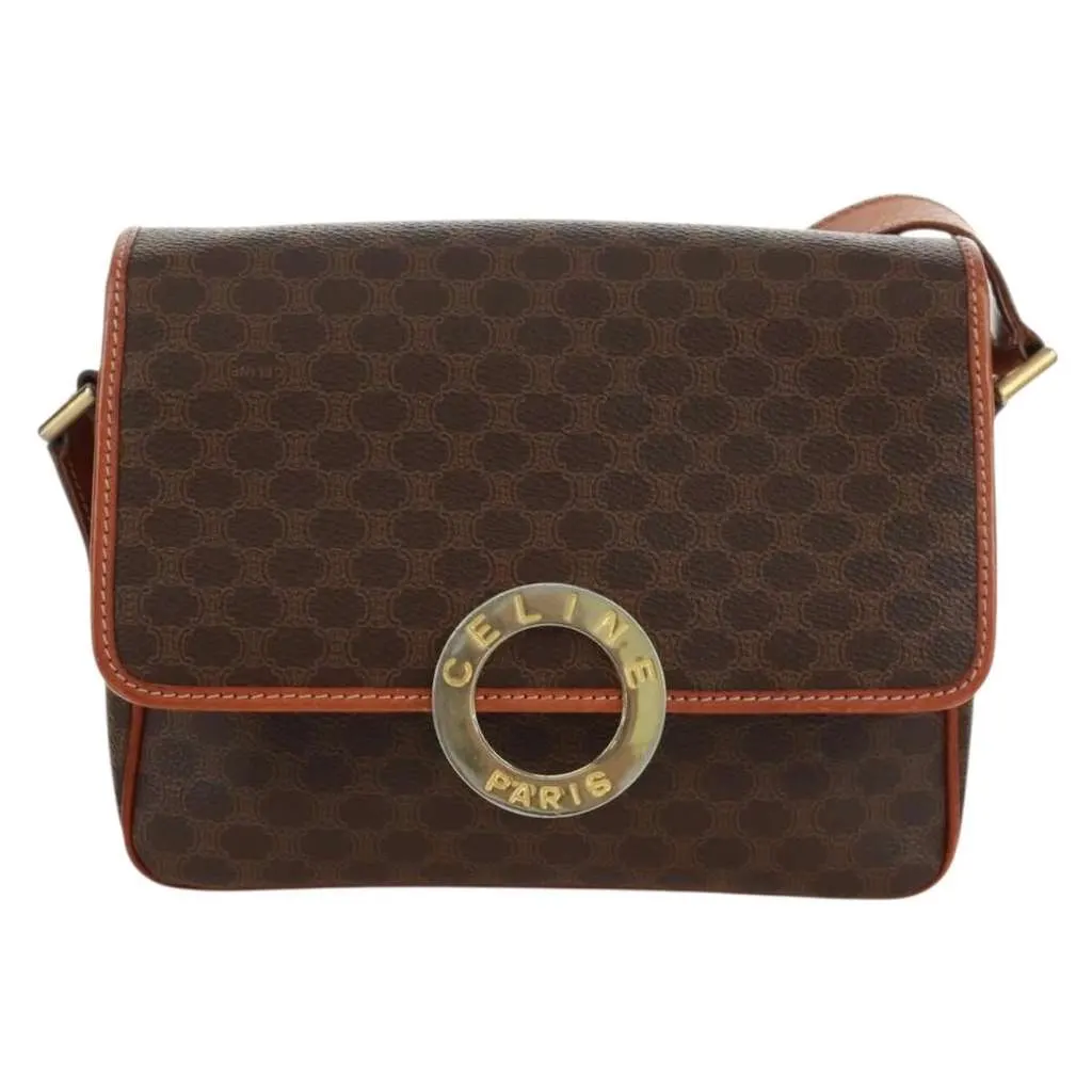 Celine Vintage Macadam Circle Logo Shoulder Bag Brown Canvas Good - Front View