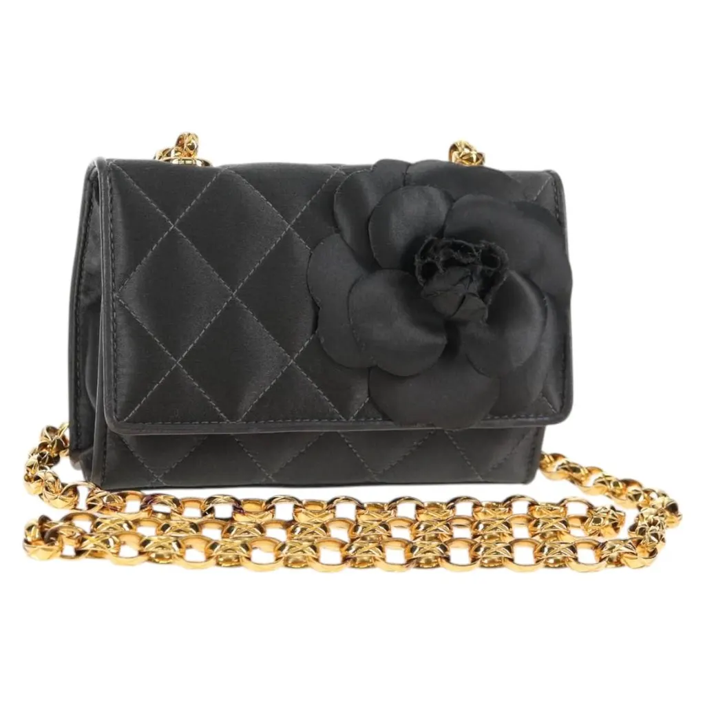 Chanel Vintage Camellia Flap Bag Brown Satin Good - Front View