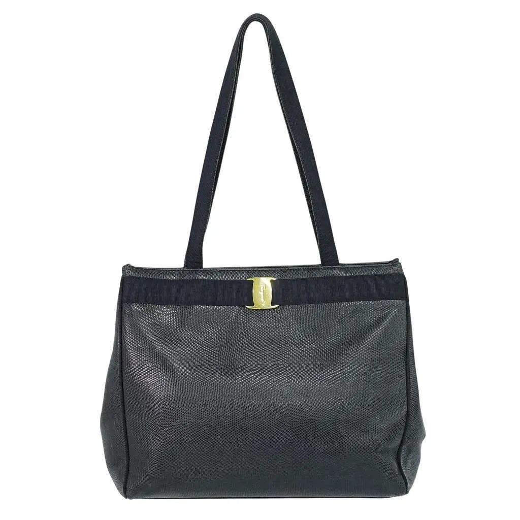 Salvatore Ferragamo Vintage Vara Bow Tote Black Leather Fair - Front View