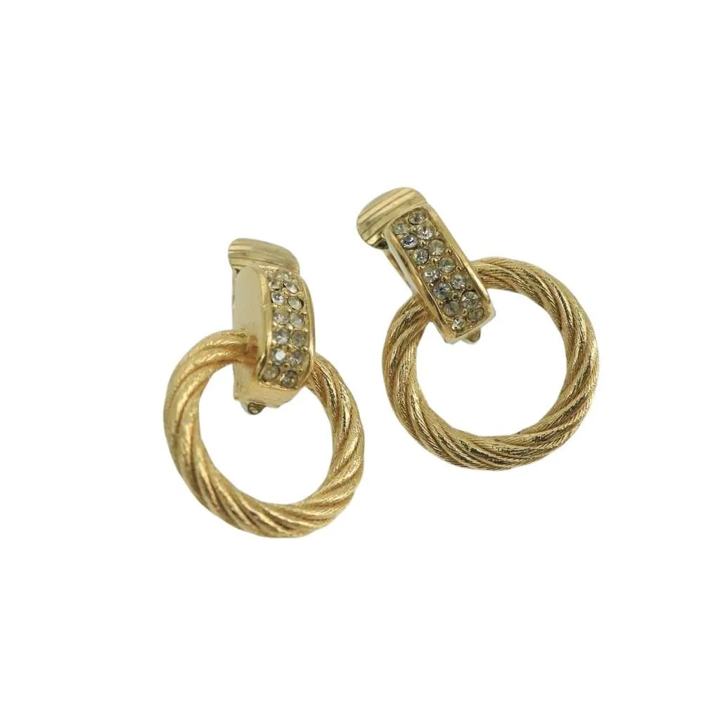 Dior Vintage Round Clip-On Earrings Gold Metal Good - Front View