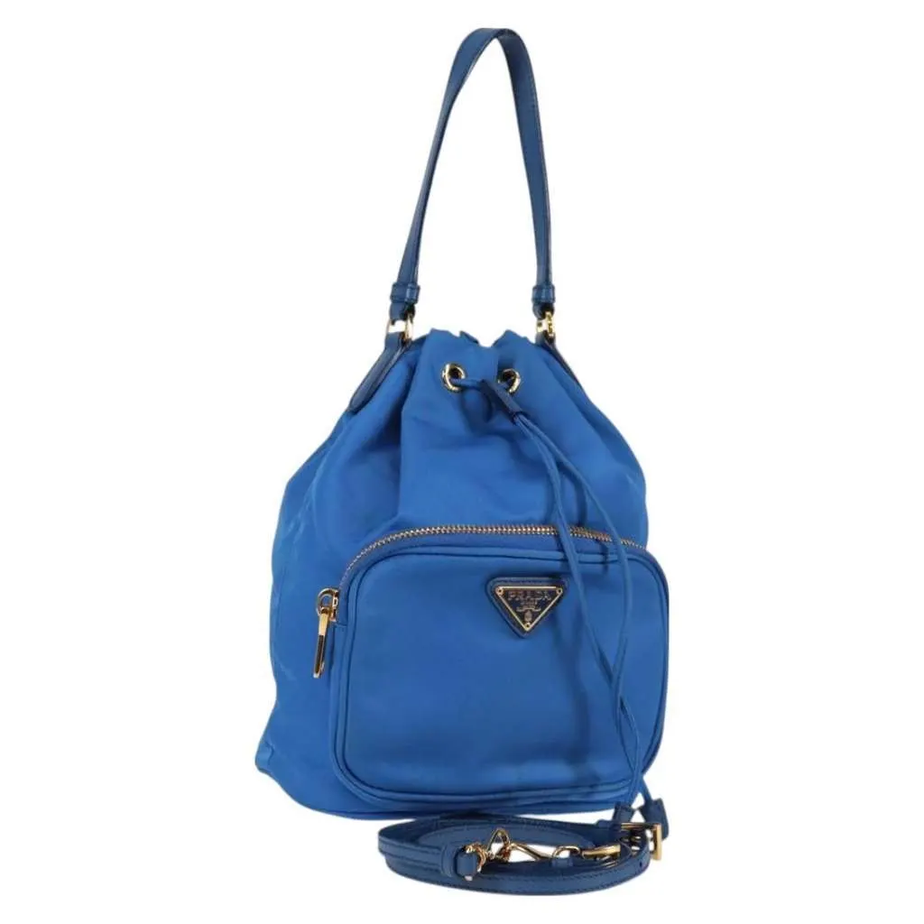 Prada Drawstring Bucket Bag Blue Good - Front View