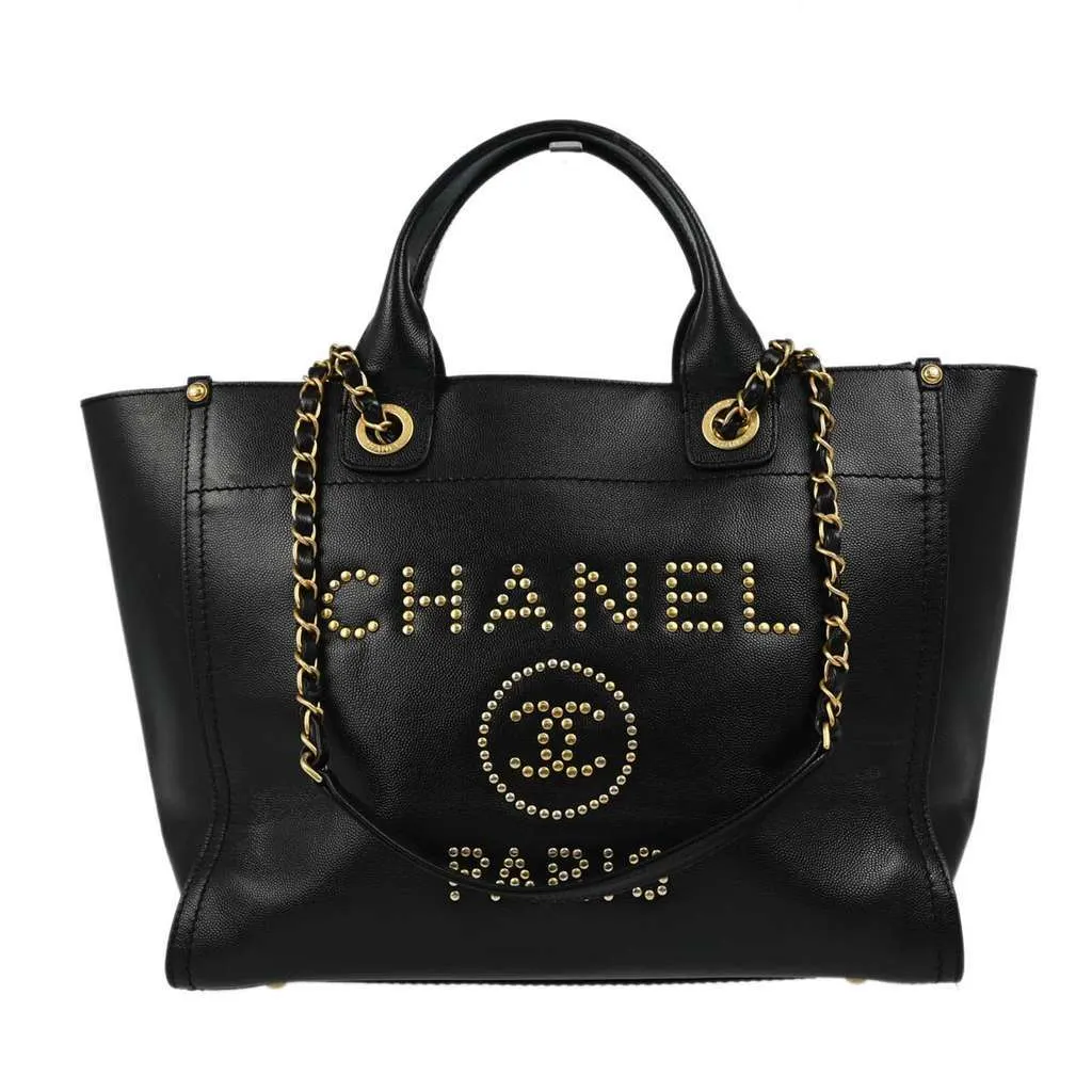 Chanel Deauville Tote Black Leather Good - Front View