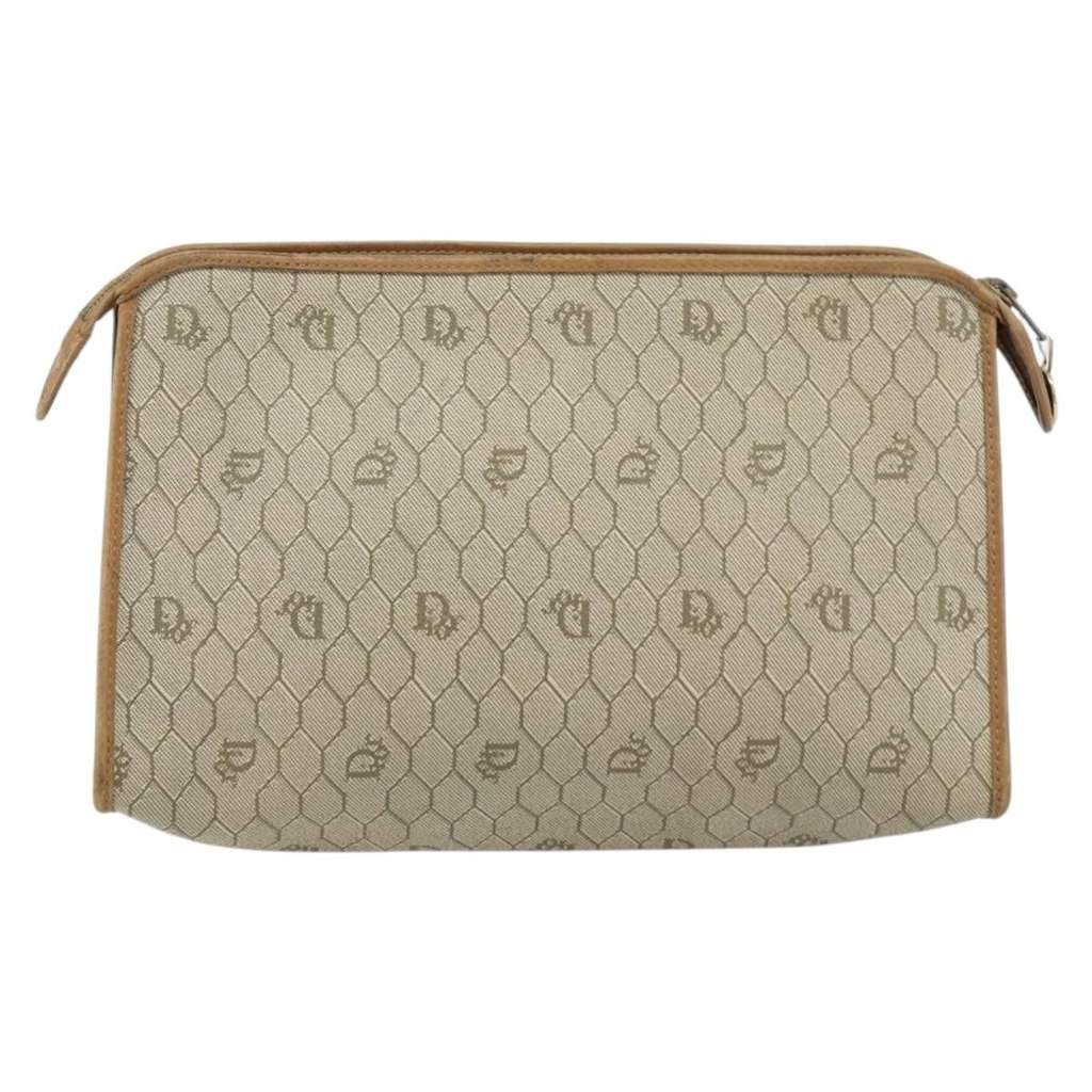 Christian Dior Vintage Honeycomb Zip Pouch Beige Canvas Good condition - Back View