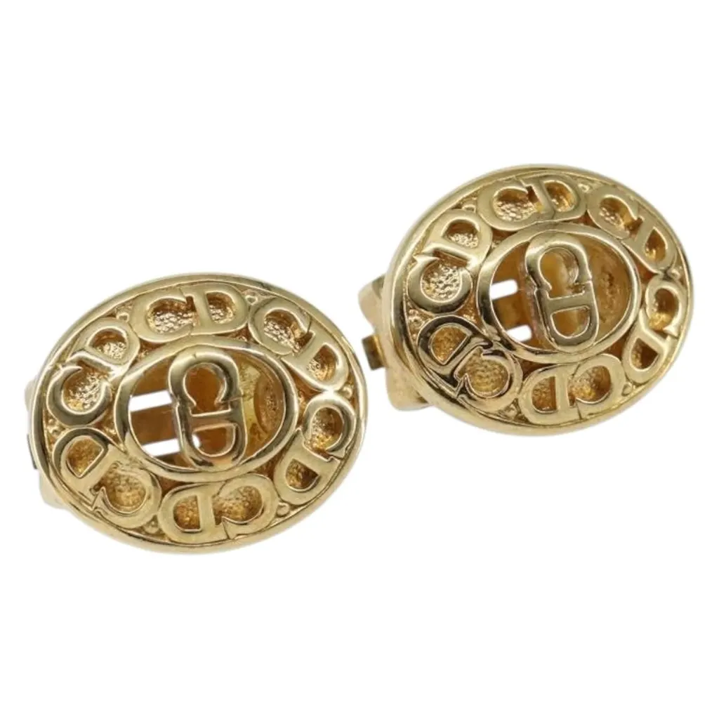 Dior Vintage CD Clip-On Earrings Gold Metal Good - Front View
