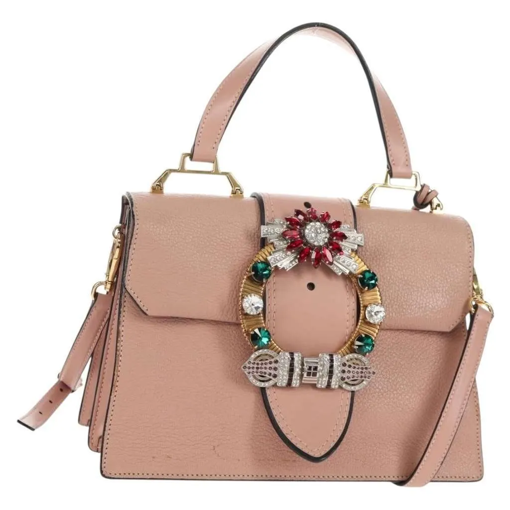 Miu Miu Madras Crystal Buckle Shoulder Bag Pink Leather Good - Front View