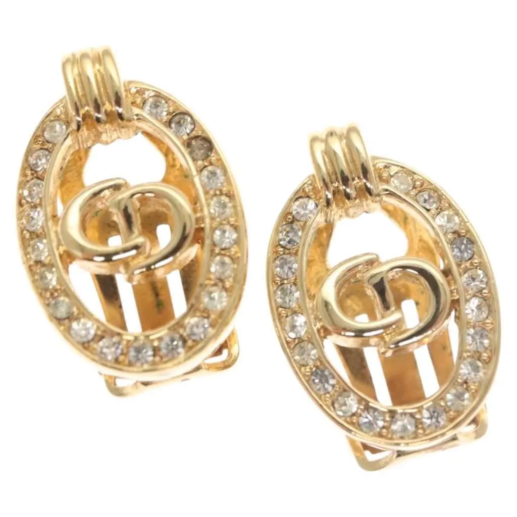 Dior Vintage CD Clip-On Earrings Gold Metal Good - Front View