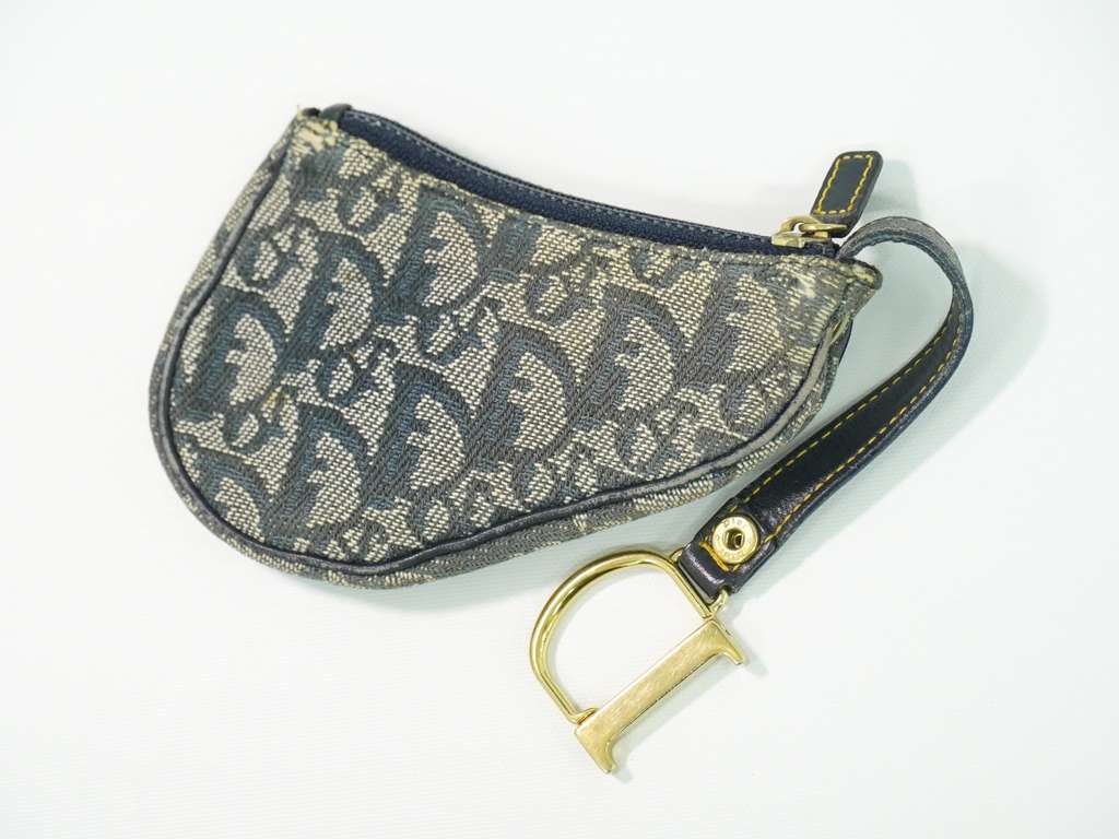 Christian Dior Vintage Saddle Zip Coin Purse Navy Canvas Good condition - Back View