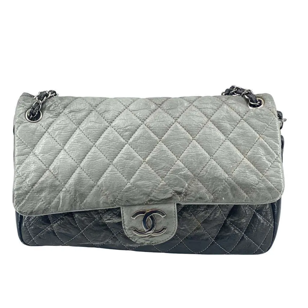 Chanel Melrose Degrade Flap Bag Silver Leather Good - Front View