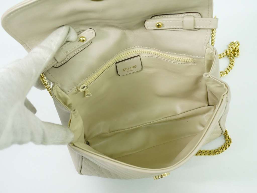 Celine Vintage Flap Shoulder Bag Beige Leather Good condition - Inside View