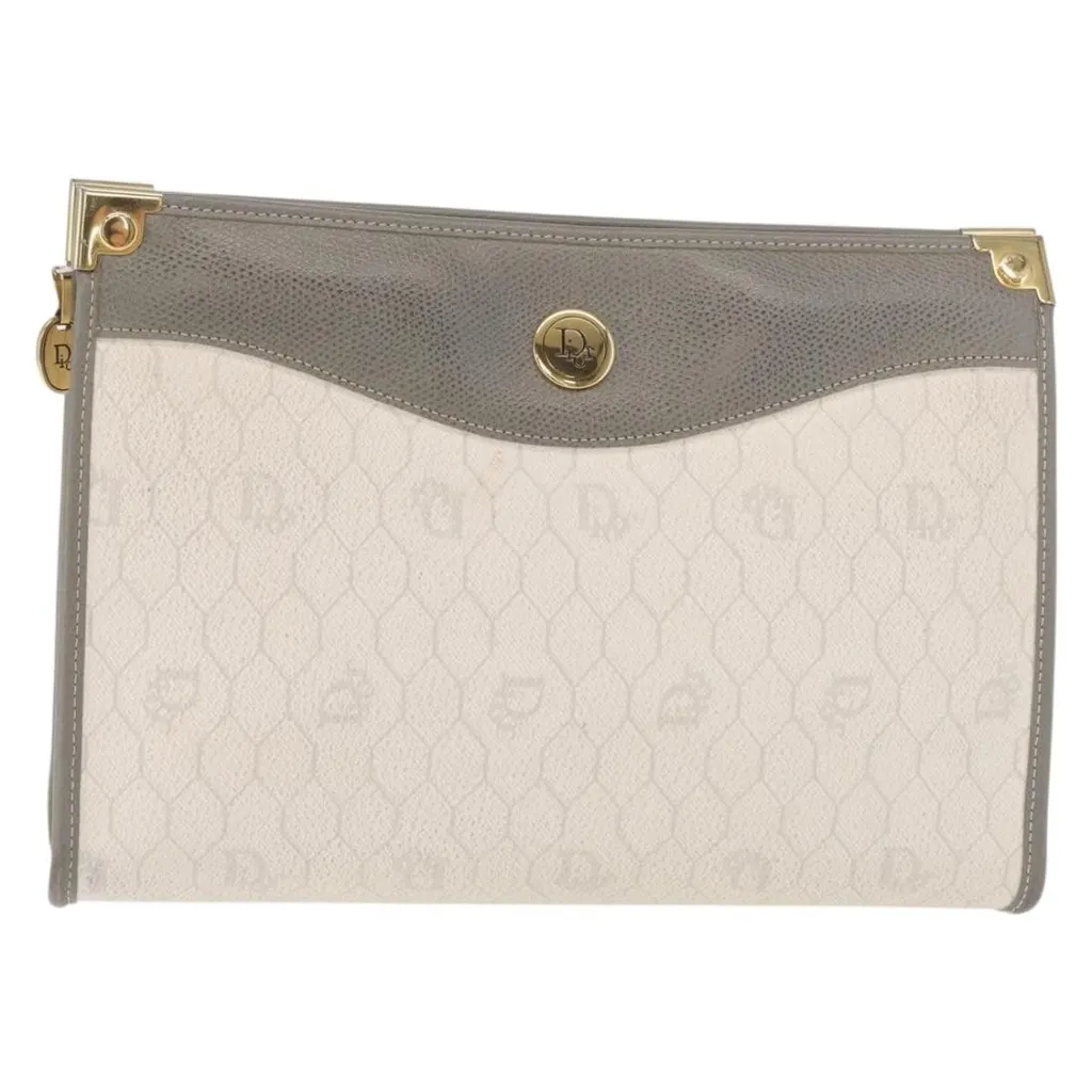 Dior Vintage Honeycomb Zip Pouch White Canvas Good - Front View