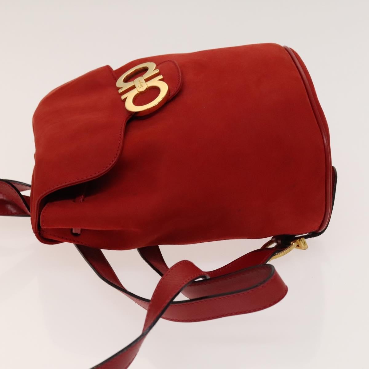 Salvatore Ferragamo Gancini Flap Drawstring Backpack Red Suede Good condition - Model View