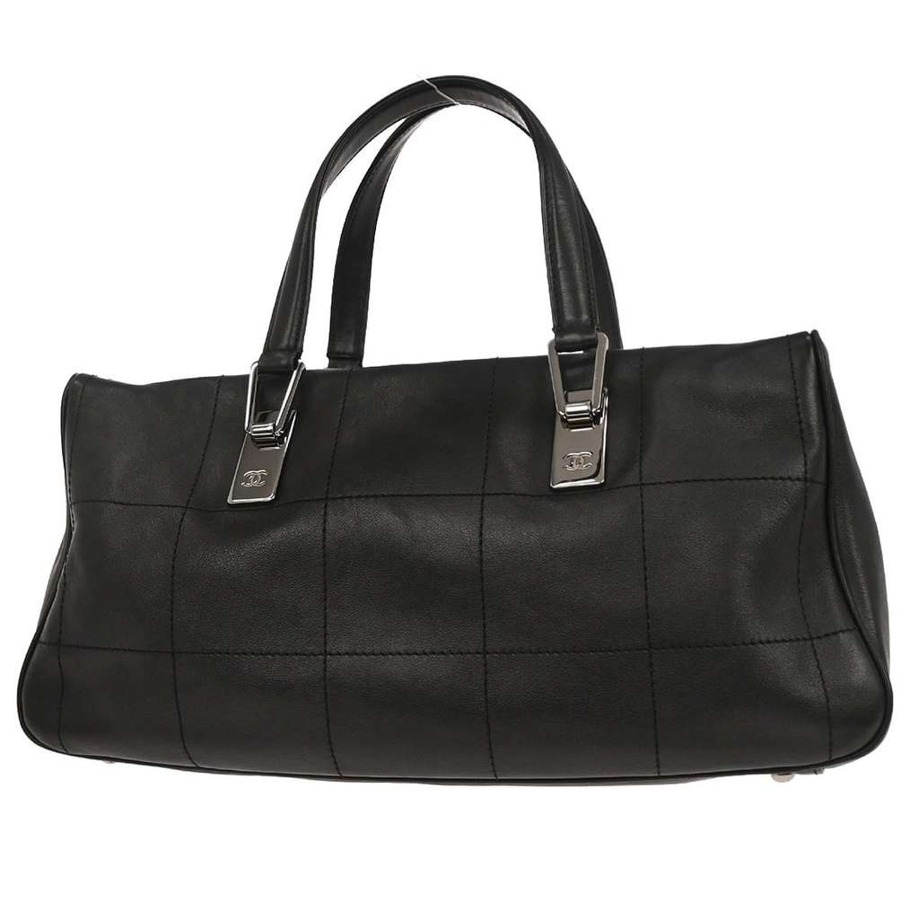 Chanel Square Stitch CC Boston Bag Black Leather Good condition - Back View