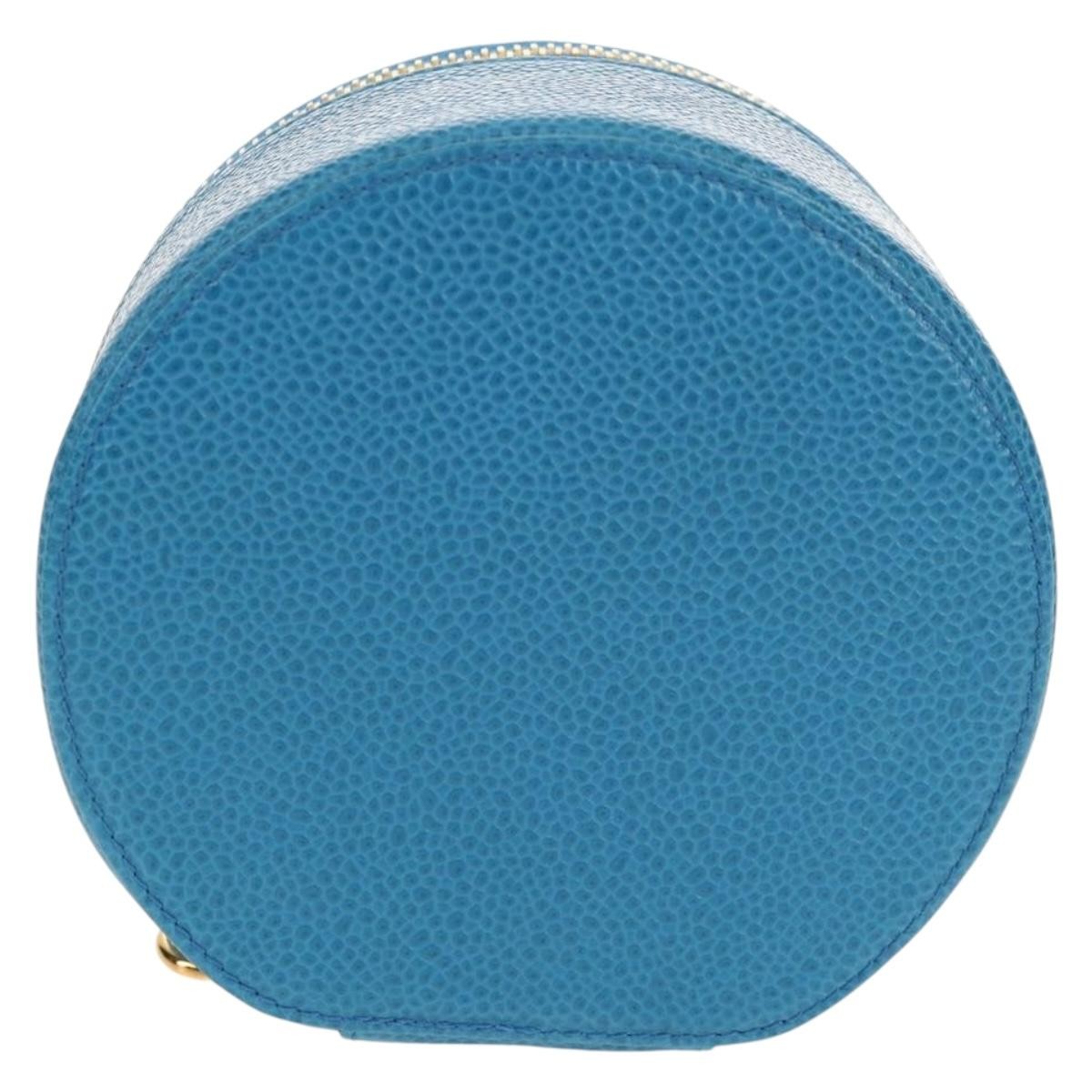 Chanel Vintage Timeless Round Jewelry Case Blue Leather Good condition - Back View