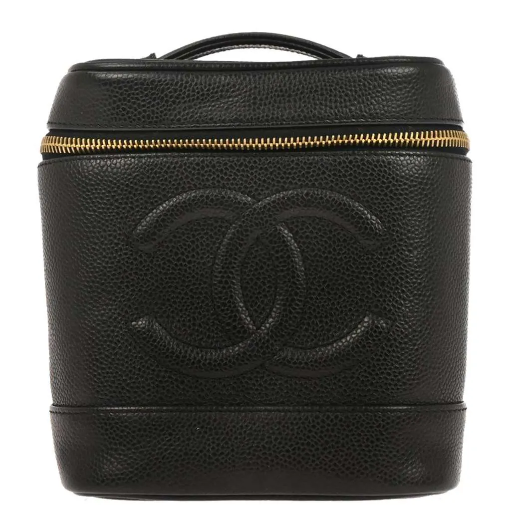 Chanel Vintage Timeless Cosmetic Case Black Leather Good - Front View