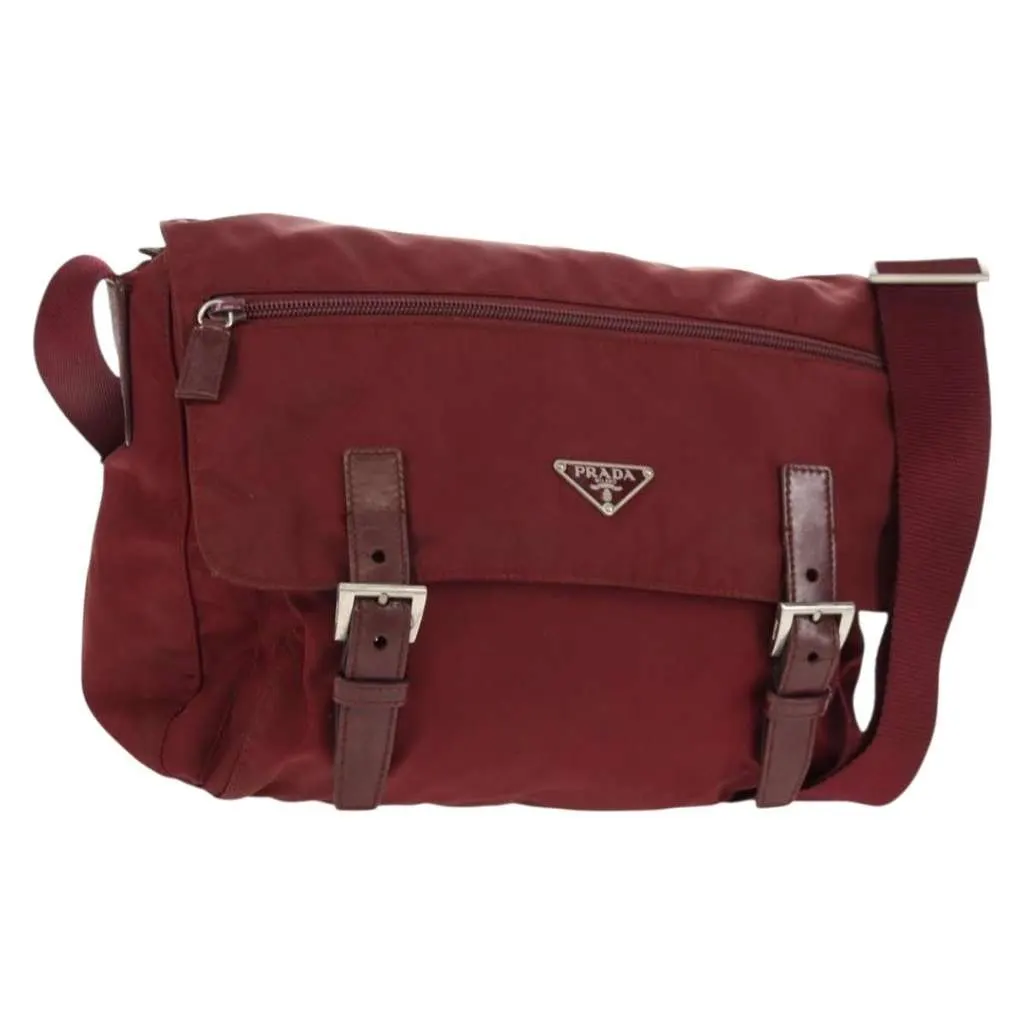 Prada Double Buckle Flap Messenger Bag Burgundy Good - Front View