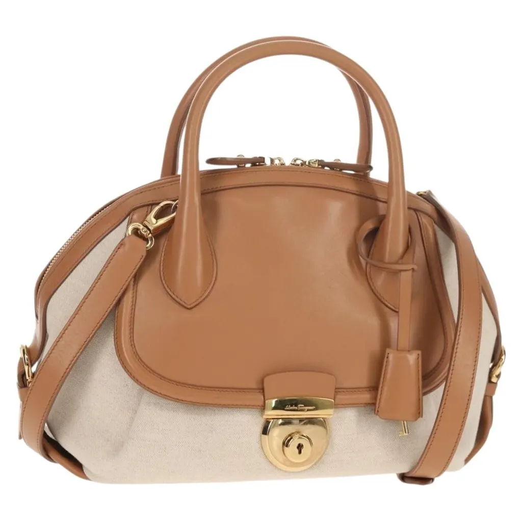 Salvatore Ferragamo Vintage Fiamma Satchel Beige Canvas Good - Front View