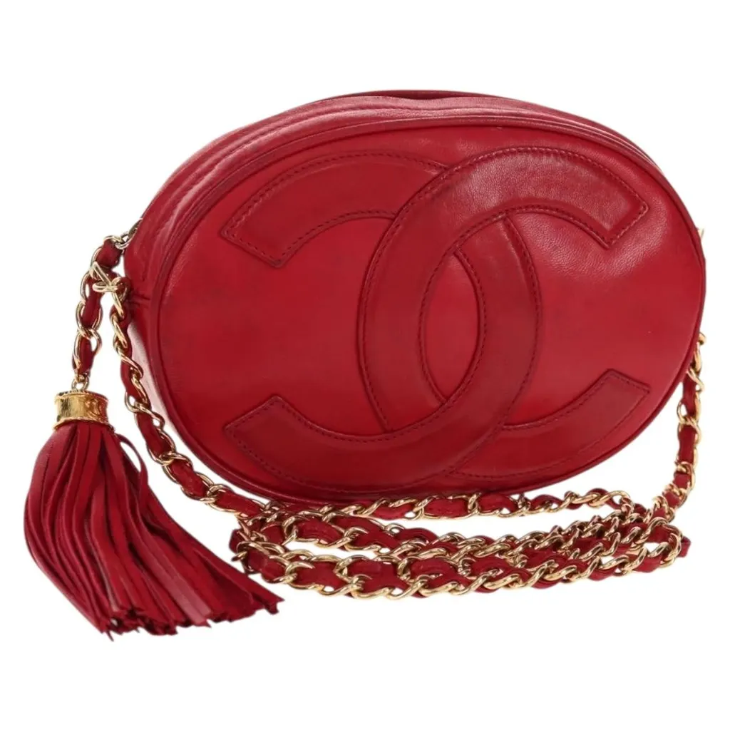 Chanel Vintage Oval CC Tassel Crossbody Bag Red Leather Good - Front View