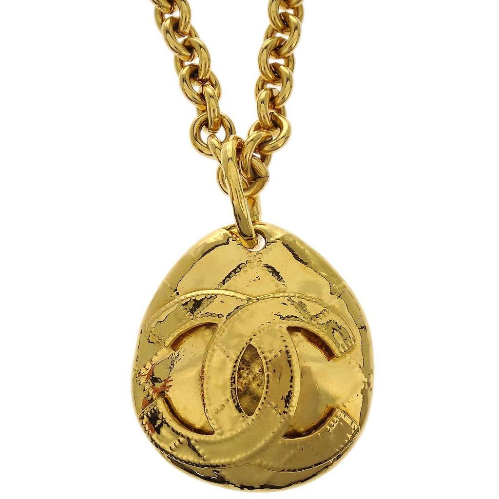 Chanel Vintage CC Quilted Teardrop Pendant Necklace Gold Good condition - Back View
