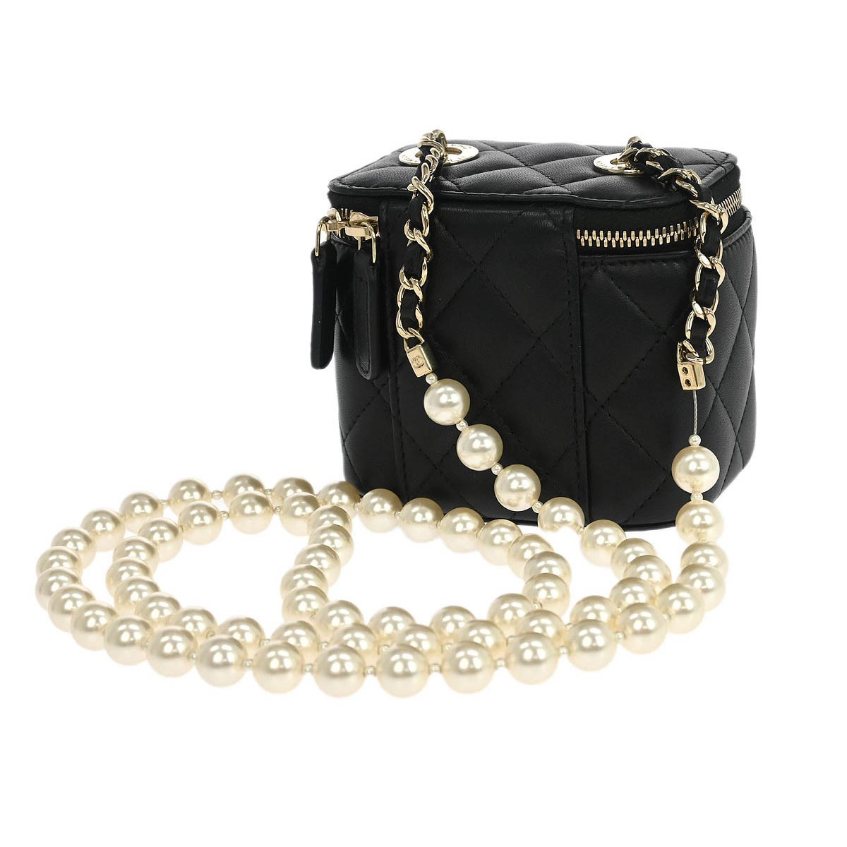 Chanel Vanity Case with Pearl Chain Black Leather Good condition - Back View