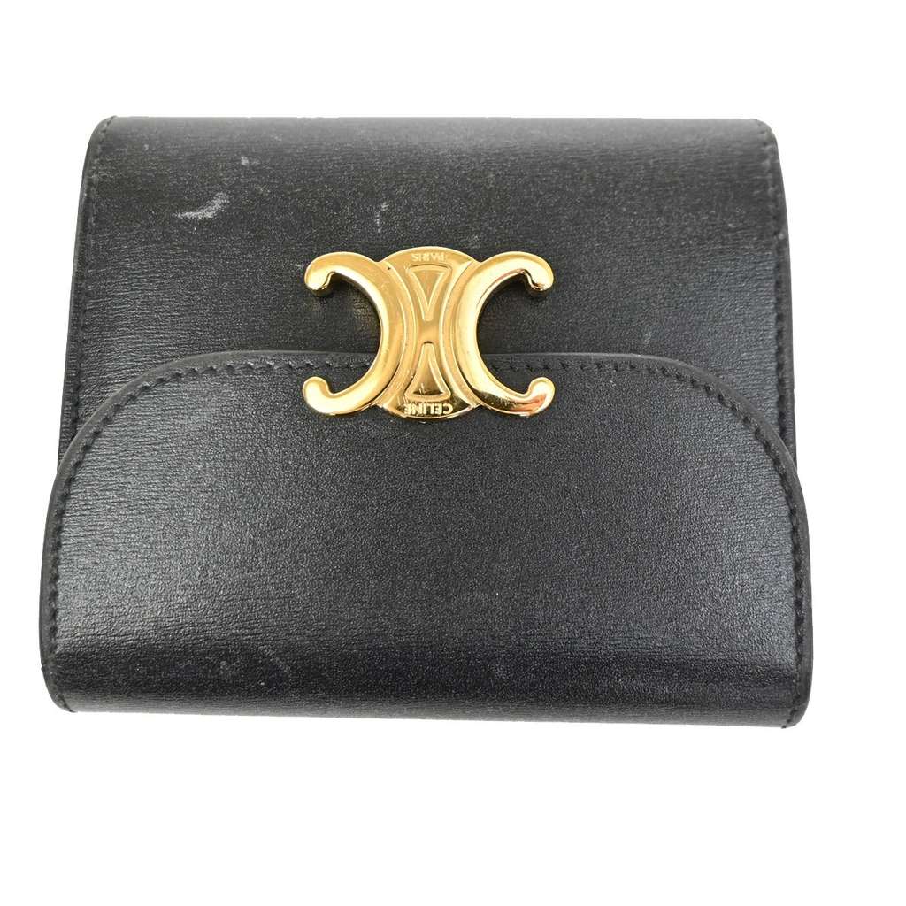 Celine Triomphe Trifold Wallet Black Leather Good condition - Box View