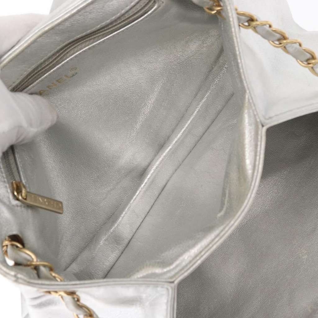 Chanel Mademoiselle Lock Accordion Flap Bag Silver Leather Good condition - Box View