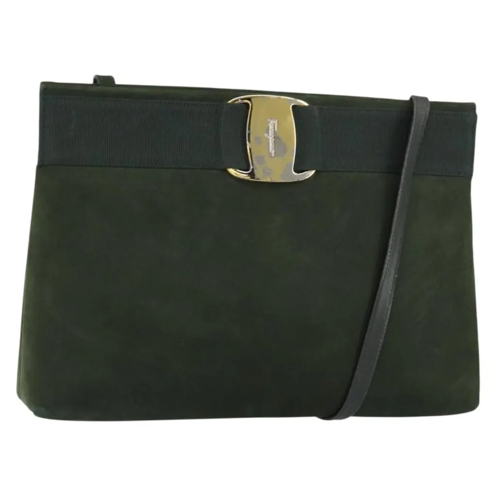 Salvatore Ferragamo Vala Shoulder Bag Khaki Suede Good - Front View