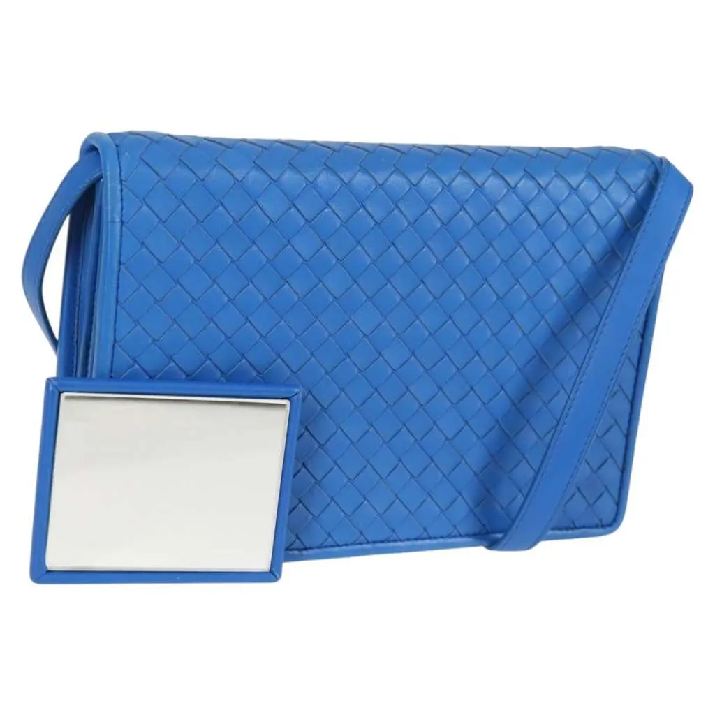 Bottega Veneta Vintage Double Compartment Flap Bag Blue Leather Good - Front View