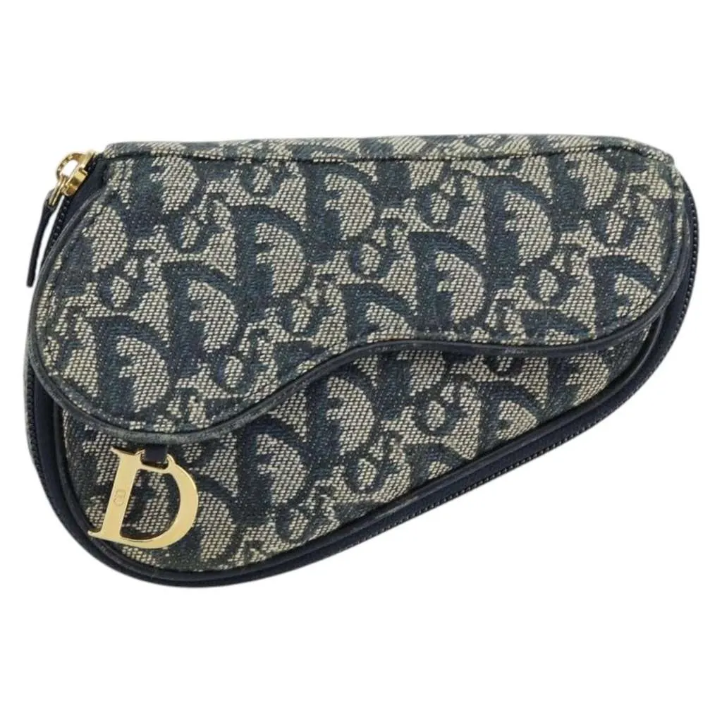 Dior Vintage Saddle Coin Purse Blue Canvas Good - Front View