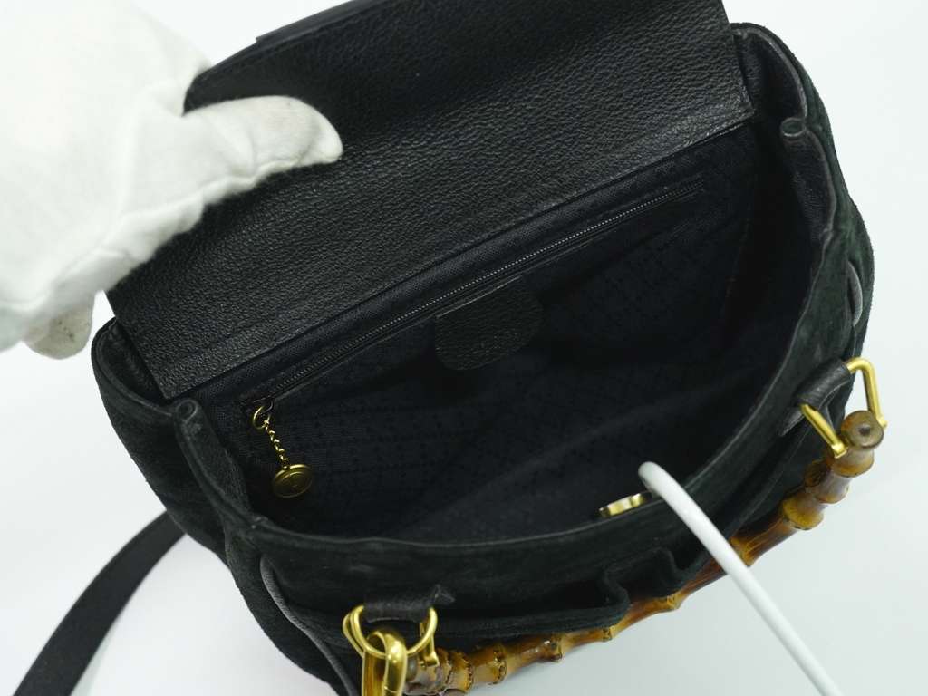 Gucci Vintage Bamboo Handle Bag Black Suede Fair condition - Inside View