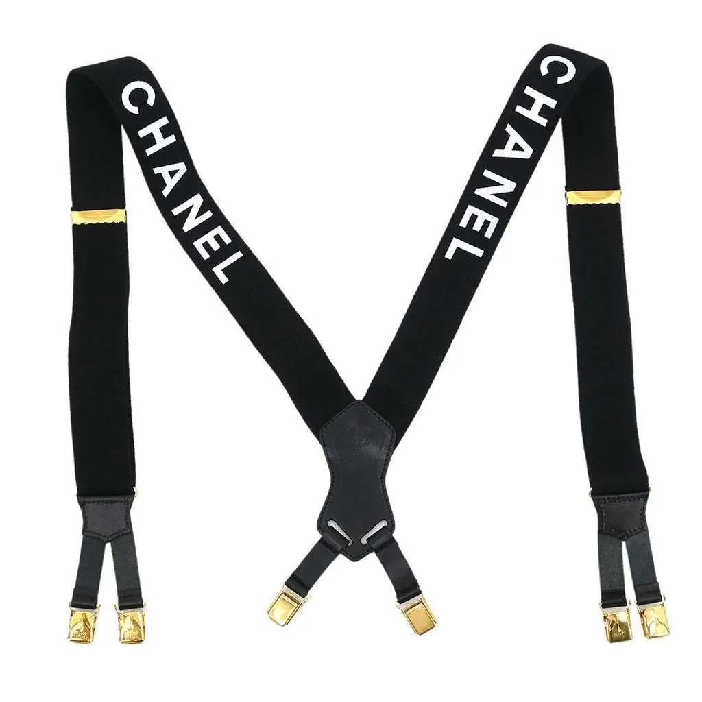 Chanel Logo Suspenders Black Canvas Good - Front View