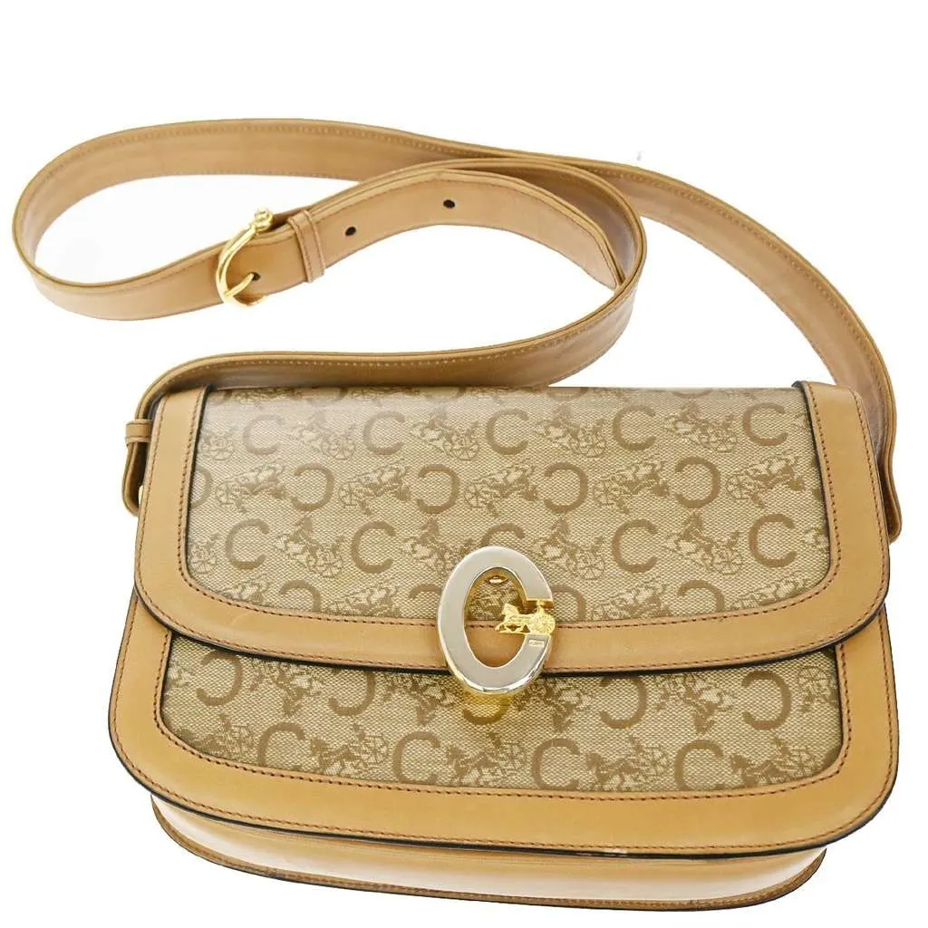 Celine Vintage Horse Carriage C Macadam Shoulder Bag Beige Canvas Good - Front View
