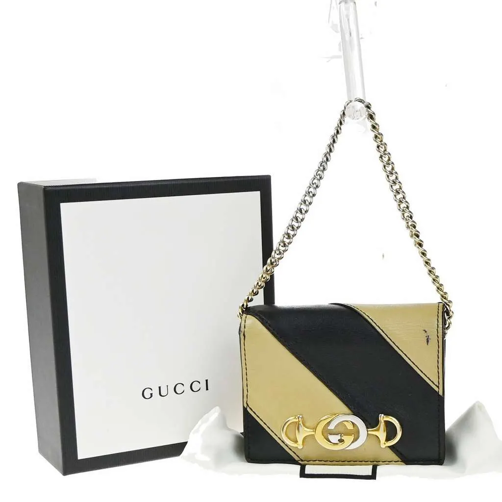 Gucci Zumi Chain Card Case Black Leather Good - Front View