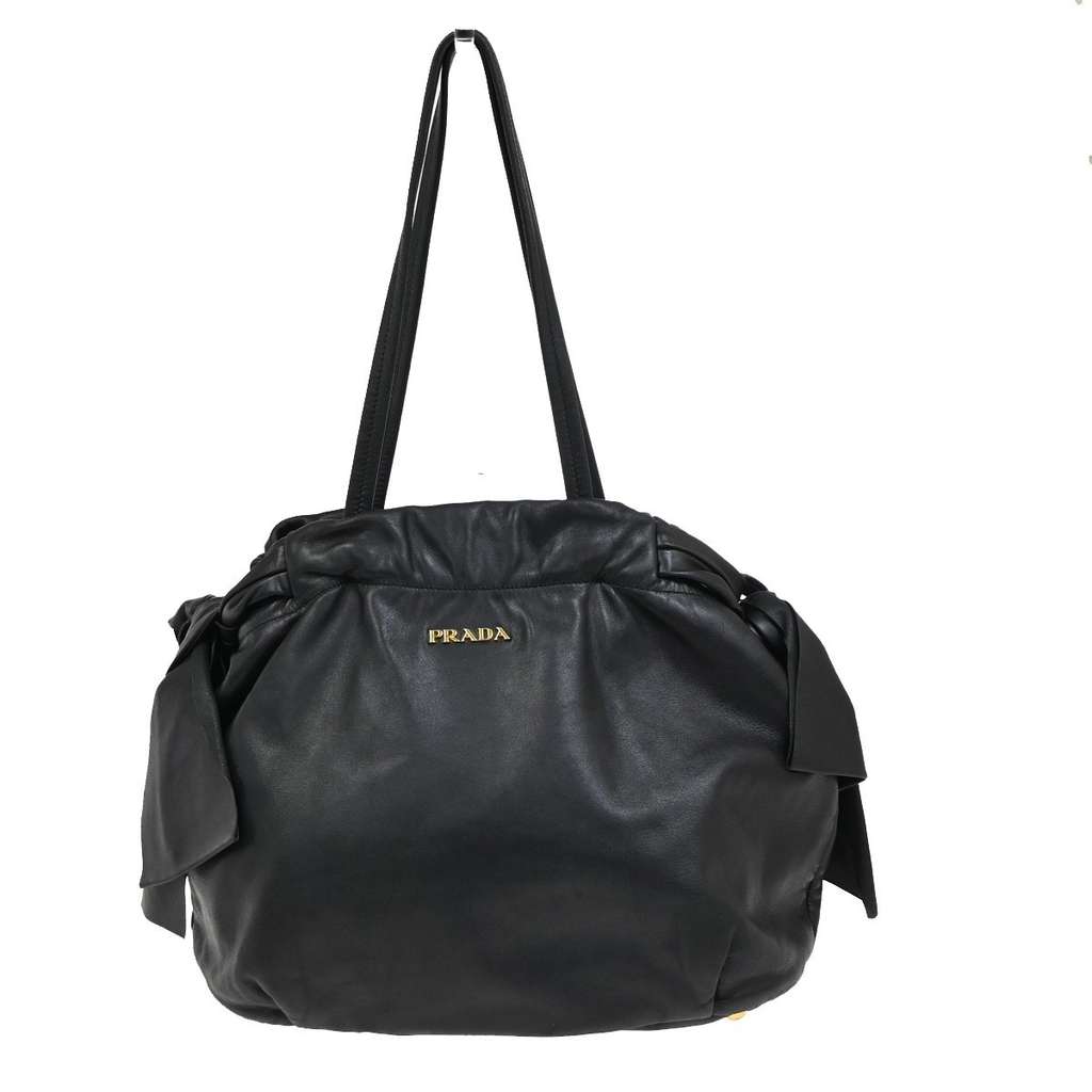 Prada Bow Tie Pleated Tote Black Leather Good condition - Back View