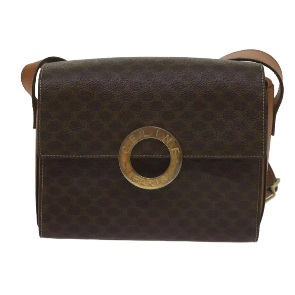 Celine Vintage Macadam Circle Logo Shoulder Bag Brown Canvas Fair - Front View