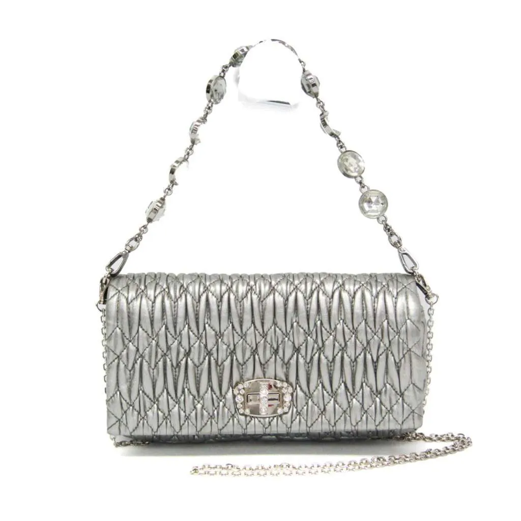 Miu Miu Crystal Clutch Silver Leather Good - Front View