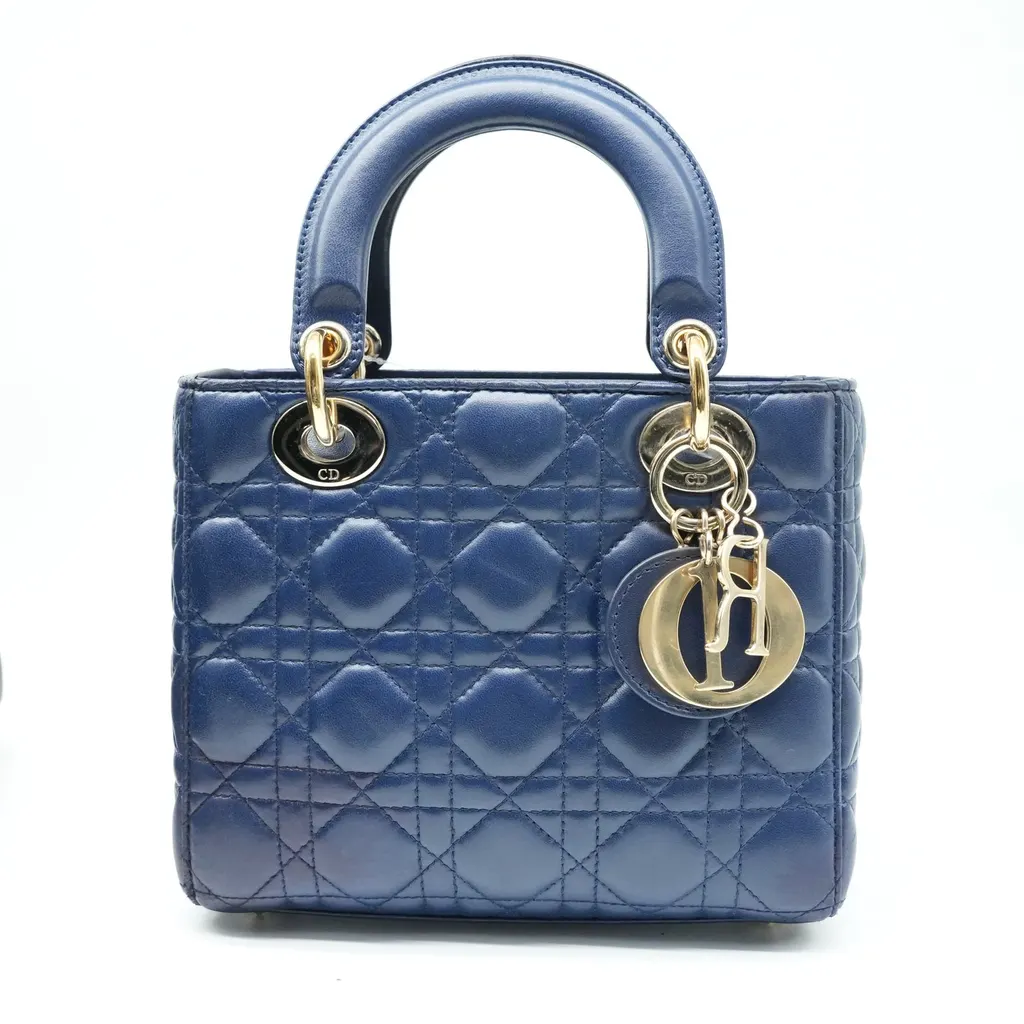 Dior Navy Blue Color Small Lady Dior Lambskin Leather Satchel Bag Blue Good - Front View