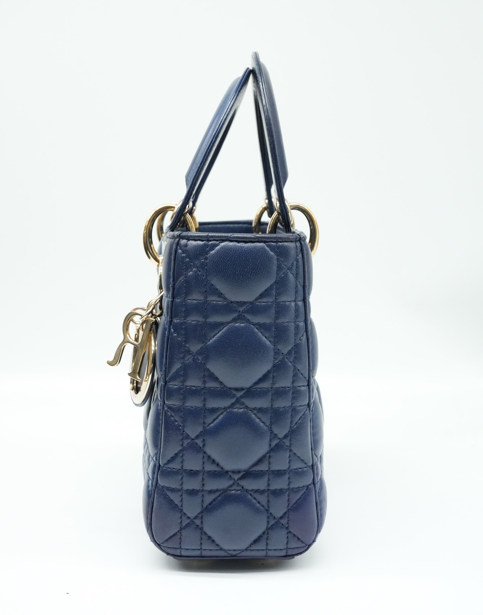 Christian Dior Navy Blue Color Small Lady Dior Lambskin Leather Satchel Bag - Back view