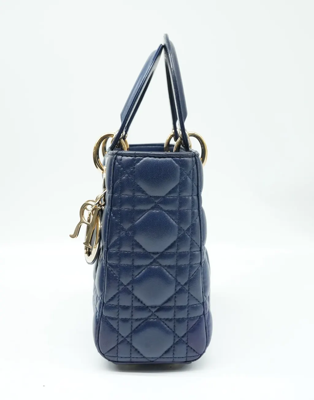 Dior Navy Blue Color Small Lady Dior Lambskin Leather Satchel Bag Blue Good - Back View